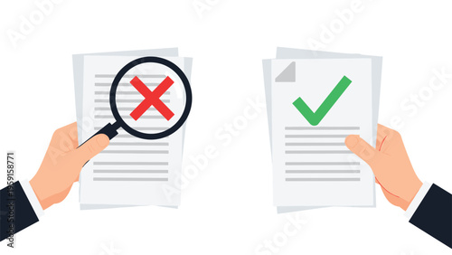 Hands holding documents with a red cross through a magnifying glass and a green check mark, representing audit and verification.