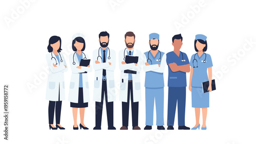 Large group of diverse healthcare professionals including doctors and nurses standing together, representing medical teamwork.