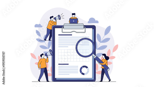 Business team analyzing financial data on a large tablet with a magnifying glass, focusing on corporate reports and analytics.