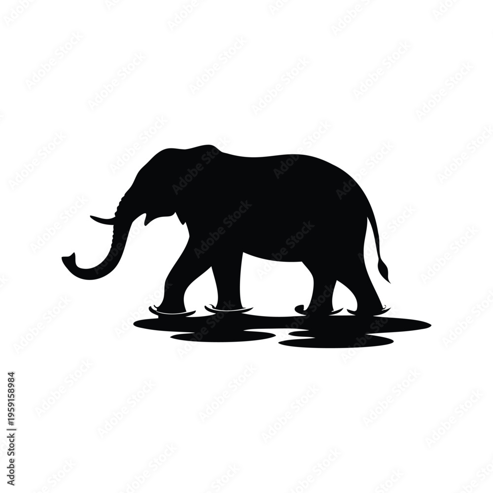 Obraz premium Elephant silhouette vector illustration with detailed trunk and legs design, elephant bathing in river silhouette vector illustration