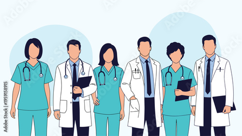 Professional group of medical staff including doctors and nurses in scrubs and lab coats standing together on a light blue background.