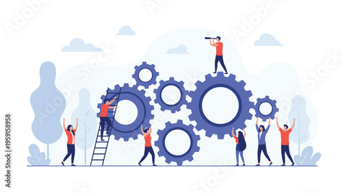 Team of people working together to operate a large gear mechanism, symbolizing industrial synergy, teamwork, and business process.