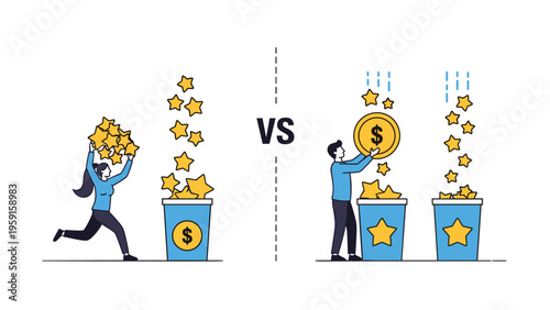 Business comparison showing a woman collecting stars for money versus a man giving money for stars, illustrating value exchange.