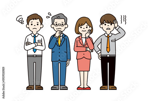 困る・悩む・考えるポーズの、企業の社長・男性社員・女性社員の全身ベクターイラスト素材セット