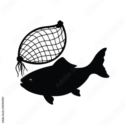 Black and white fish silhouette vector illustration with net design, fish caught in fishing net silhouette vector illustration