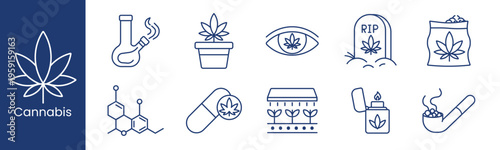Cannabis marijuana product set icon. Leaf bong plant eye grave bag molecule pill greenhouse lighter pipe depict herb smoke cultivation drug industry.