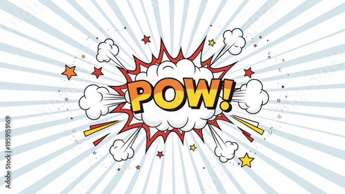 Pow sound effect text in a colorful comic book style explosion burst with stars and rays on sunburst background.