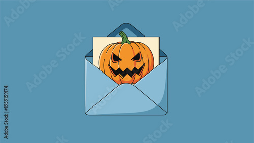 Blue envelope opened to reveal a spooky halloween pumpkin card with a wicked face on a dark blue background.