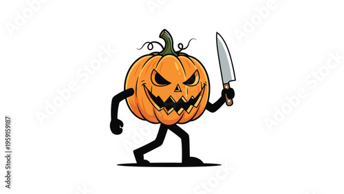 Creepy halloween pumpkin character with legs and arms walking and holding a large kitchen knife on white background.