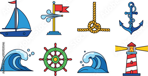 Marine Nautical Icon Set with Sailboat Anchor Rope Knot Lighthouse Waves Flag and Ship Wheel Flat Vector Illustration Collection