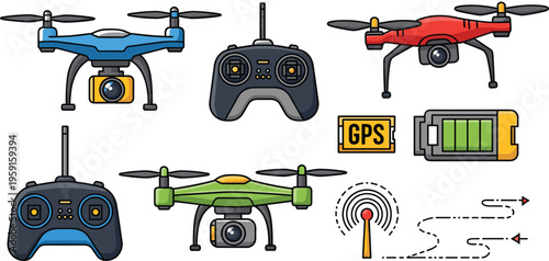 Drone Technology and Remote Control Icon Set with Quadcopter, Controller, GPS Navigation, Battery, Signal and Flight Path Illustration