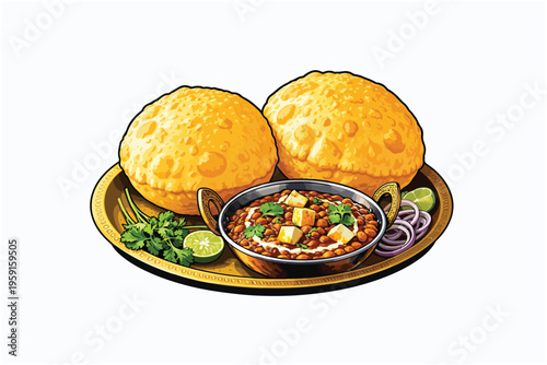 Golden puris with chana masala vector illustration