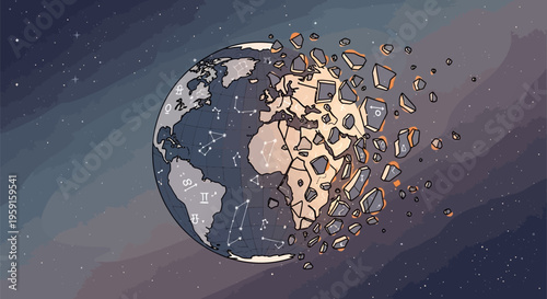 Cracked earth globe fragmenting into pieces in space with shattered surface and debris