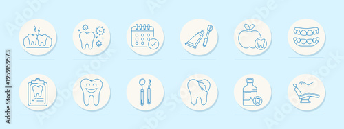 Dental care set icon. Line collection with tooth pain, bacteria germs, appointment calendar check, toothpaste tube brush, apple tooth mark, dentures, clipboard record, smiling tooth