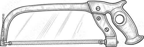 Vintage Hand Drawn Hacksaw Illustration Isolated on White Background for Metalworking Construction Carpentry Tool Equipment Graphic Design Element for Woodwork and DIY Projects