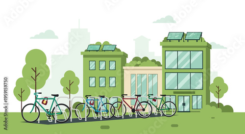 Eco-friendly city buildings with solar panels and bicycles parked outside