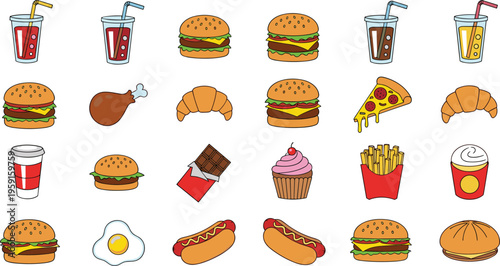 Colorful cartoon of various food and drinks including burgers, fries, hot dogs, croissants, pizza, chocolate, and beverages