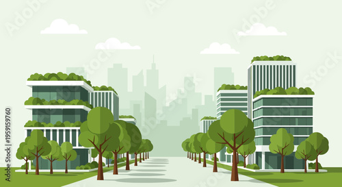 Eco-friendly city skyline with green buildings, trees, and urban landscape