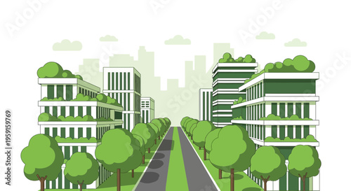 Eco-friendly city skyline with green buildings, trees, and sustainable urban landscape