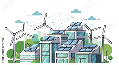 Eco-friendly city skyline with wind turbines and solar panels on modern buildings