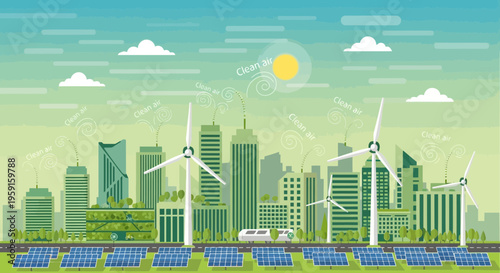 Eco-friendly city skyline with wind turbines and solar panels, clean energy concept
