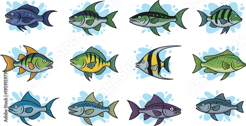 Colorful cartoon fish on blue water background colorful fish aquatic life marine animals