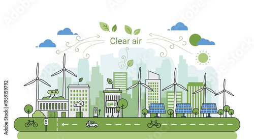 Eco-friendly city skyline with wind turbines, solar panels, and green buildings