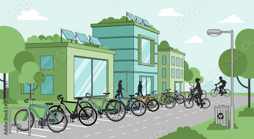 Eco-friendly city street with bicycles, solar panels, and green roofs