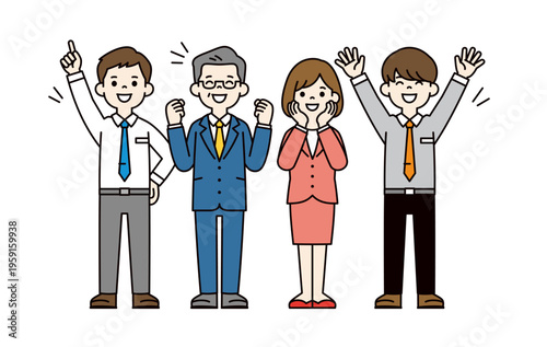 喜ぶ、嬉しそうな表情・ポーズの経営者・社長・男女の従業員の全身ベクターイラスト素材セット
