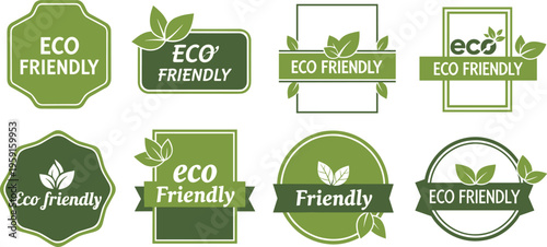 Eight eco friendly badges with green and white colors and leaf