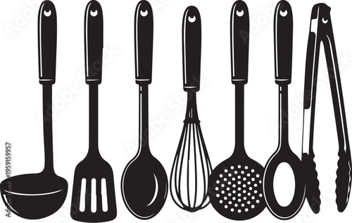 Black and white kitchen utensils illustration set