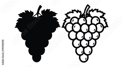 Two bunches of grapes displayed in black and white silhouette style