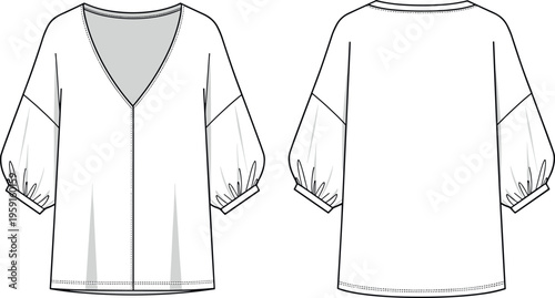 Women's Deep V-Neck Oversized Blouse Technical Flat Sketch Vector with Drop Shoulder Puff Sleeves Front and Back View for Design
