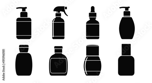 Collection of black silhouette cosmetic and cleaning product containers