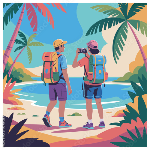 Two hikers with backpacks a tropical beach scene travel