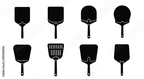 Collection of black silhouette kitchen tools pizza peels spatulas and more