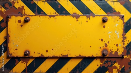 A close-up of a weathered yellow and black striped warning sign with rust marks and a blank center for customization.