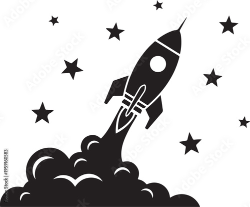 Black rocket ship blasting off, starry night sky, space launch vector icon, astronomy symbol