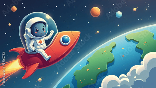 Cartoon astronaut, rocket ship, space travel, vector illustration