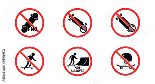No skateboarding allowed prohibition signs against various boarding activities