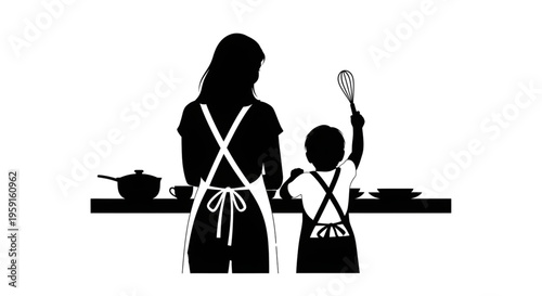 Mother and child silhouette wearing aprons cooking or baking together in kitchen
