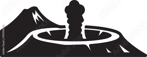 Black silhouette volcanic landscape, mountain range, geothermal icon, vector illustration