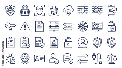 Conceptual collection of line icons for digital security, data privacy, and AI. Illustrates cybersecurity measures, secure information management, and online protection concepts