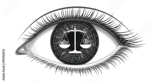 A human eye is depicted with an iris made of binary code, centered by a black scale balancing money and a gear on a grey background.