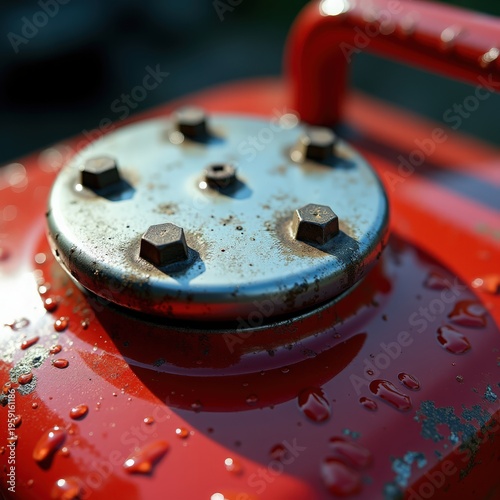 A detailed close-up of a red gas can with a metallic cap, showcasing water droplets on its surface.