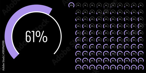 Set of circular sector arc percentage diagrams meters progress bar from 0 to 100 ready-to-use for web design, user interface UI or infographic - indicator with purple