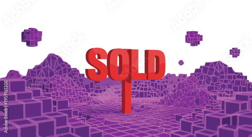 The bold, three-dimensional word SOLD in red stands prominently upright within a stylized, low-poly purple landscape with floating cubes on a white background.