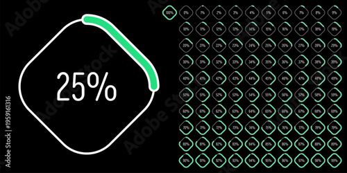 Set of rectangle percentage diagrams meters from 0 to 100 ready-to-use for web design, user interface (UI) or infographic - indicator with green