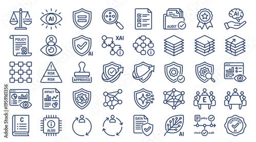 Comprehensive vector icon set illustrating various aspects of artificial intelligence, data protection, cybersecurity, compliance, and risk management for modern digital solutions