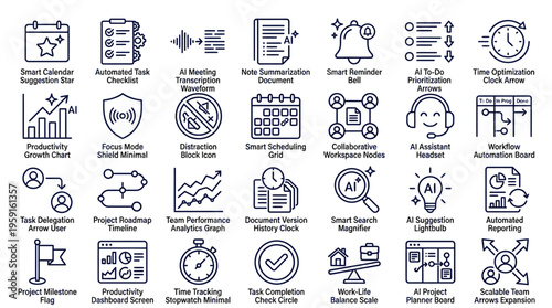 Comprehensive set of productivity and smart automation icons for business management, task scheduling, workflow optimization, and intelligent project tracking solutions